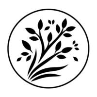 Minimalist Black and White Botanical Illustration of a stylized plant with leaves, branches, and blades, contained within a circular frame, representing natures elegance. vector