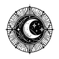 Intricate Black and White Celestial Mandala Featuring Crescent Moon, Stars, and Geometric Patterns in a Circular Composition. vector