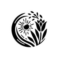 Monochromatic sun and floral emblem, evoking simplicity, growth, and natural harmony within a rounded composition. vector