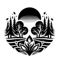 Stylized black and white nature scene within a circular frame, featuring trees, sun, fields, and floral elements. vector