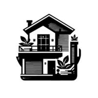 Modern Monochrome House Illustration in a Circle with Balcony, Garage, and Plant Details, Representing Home and Architecture vector