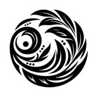 Intricate black and white circular featuring stylized leaves and an eyelike spiral pattern, minimalist aesthetic. vector