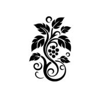 Elegant Black and White Floral Vine with Grape Cluster, Leaves, Swirls, and Decorative Elements. vector