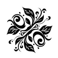 Symmetrical Black Floral with Spirals, Leaves, and Dots on White Background. vector