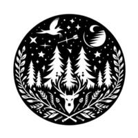 Silhouette of Deer Head in a Forest Circle, with Bird, Arrow, Crescent Moon, and Starry Night vector