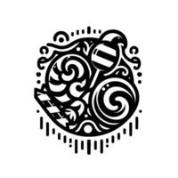 Intricate Black White Illustration Swirling, Detailed Designs Including Striped Lollipop Geometric, Ornamental Patterns Within a Hexagon Frame. vector