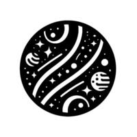 Black and white cosmic illustration inside a circle, depicting stylized planets, stars, and orbital paths, a minimalist geometric space scene. vector