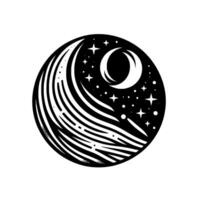 Abstract black and white circular featuring a crescent moon, stars, and flowing, striped elements suggestive of clouds. vector