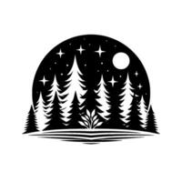 Serene black and white forest scene under a night sky, featuring silhouetted pine trees, a full moon, and stars, creating a minimalist landscape . vector