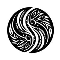 Intricate black and white circular tribal with symmetrical patterns, stylized leaves, and wavelike elements, suggestive of nature and balance. vector
