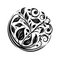 Intricate Black and White Circular Floral with Leaves, Swirls, and Stem Arrangement on White Background. vector