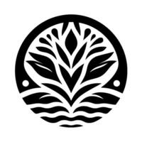 A symmetrical black and white circular depicting a stylized plant with flowing waterlike base, simple leaves, and a minimalist aesthetic. vector