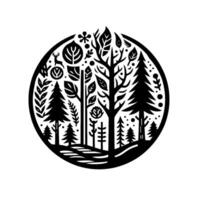 Monochromatic nature illustration in a circular frame, featuring various trees, leaves, a deer emblem and intricate floral details. vector