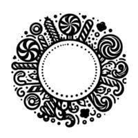 Whimsical, monochromatic candy frame illustration, featuring lollipops, swirls, treats, and a dotted inner circle. vector