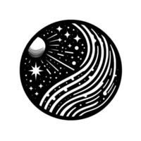 Celestial YinYang A cosmic illustration in a circular frame, featuring a stylized planet, stars, and flowing lines. vector