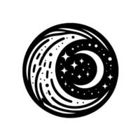 Circular Celestial Illustration A stylized black and white featuring a crescent moon, stars, and swirling cosmic elements, enclosed within a solid outline. vector