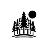 Minimalist black and white illustration of evergreen trees silhouetted against a white background with a stylized sunmoon. vector