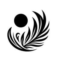 A stylized black and white artwork featuring a sunlike orb and flowing, featherlike botanical elements arranged in a curved embrace. vector