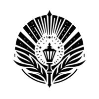 Stylized monochrome emblem featuring a classic lamp post encircled by radiating elements and laurel branches, creating a symmetrical and elegant . vector