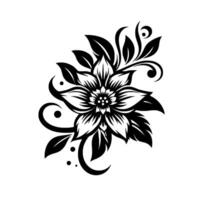 Intricate Black and White Floral Illustration Featuring a Detailed Flower with Leaves, Tendrils, and Dots on a White Background. vector
