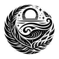 Black and White Circular Zodiac Art of Libra Sign Encircled by Leaves, Waves, and Stars on White Background. vector