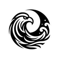 Circular Black and White Eagle Symbol Integrating Crescent Moon and Wave Elements, Illustrative . vector