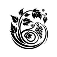 Black and white stylized of grape vine with leaves, tendrils, and a bunch of grapes, in a circular composition. vector