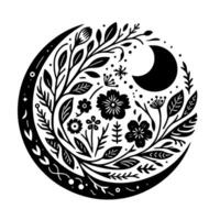 Celestial Botanical Composition A stylized black and white crescent moon encircled by a harmonious arrangement of flowers, leaves, and celestial elements. vector