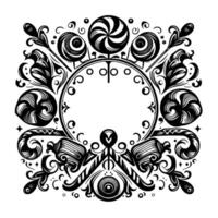 Intricate Black and White Illustration Circular Frame Adorned with Sweets, Swirls, and Ornamental Details vector