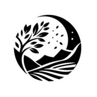 A monochrome naturethemed circle showcasing a tree, mountains, a crescent moon with stars, and fields, symbolizing tranquility and natures harmony. vector