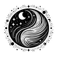Celestial YinYang A stylized black and white featuring a crescent moon, stars, and flowing lines within a circular composition with outer celestial elements. vector