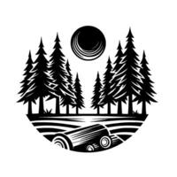 Black and white circular illustration of a forest scene with stylized trees, moon, and log, evoking a serene natural landscape. vector