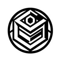 Geometric Black White Hexagonal center, optical illusion D cube framed by circular outline, minimalist style. vector