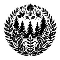 Stylized black and white circular illustration of a forest scene with trees, birds, deer, leaves, and floral elements. vector