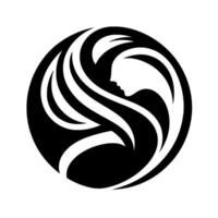 A minimalist black and white featuring a womans silhouette within a circular frame, stylized hair, and a modern aesthetic. vector