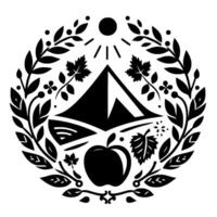 A circular black and white illustration featuring a stylized mountain, fields, sun, apple, and foliage, creating a sense of harmony and nature. vector