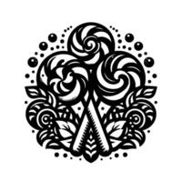 Swirling black and white featuring three lollipop spirals, floral embellishments and dots arranged in a circular emblem. vector
