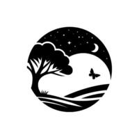 Silhouette of a peaceful night scene within a circular frame a tree, crescent moon, butterfly, fields and starry sky create a tranquil landscape . vector