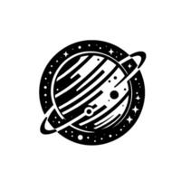 A minimalist illustration of a striped planet encircled by a ring, surrounded by stars, set against a stark white background. vector