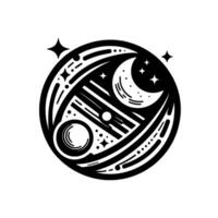 Stylized Celestial Sphere A Minimalist Black and White Illustration of a Crescent Moon, Stars, and Other Orbits Within a Circular Frame. vector