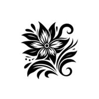 Symmetrical black and white floral , featuring a stylized flower with multiple petals, leaves, and decorative flourishes against a stark white background. vector