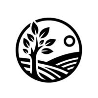 Stylized black and white featuring a tree, rolling hills, and a sun inside a circular frame, representing natures serenity. vector