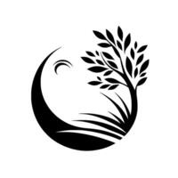 Black and white minimalist featuring a stylized tree within a circle, with a crescent moon and blades of grass, evoking nature and tranquility. vector