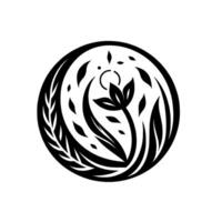 Circular Black and White Botanical Illustration Stylized Flower with Leaves and Foliage Enclosed in a Ring, Minimalist . vector