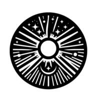 Celestial Mandala A circular depicting the sun, stars, and moon within a radial, blackandwhite geometric pattern. vector