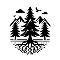 Stylized Black and White Illustration of a Forest Scene Pine Trees, Mountains, Birds, and Clouds with Root System. vector