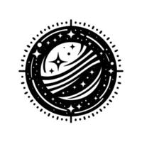 Minimalist black and white space emblem, featuring a celestial orb with swirling bands, surrounded by star constellations and a dotted celestial halo. vector