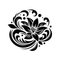 A symmetrical, black and white, floral featuring stylized lily petals, decorative swirling leaves and dots, set against a stark white background. vector