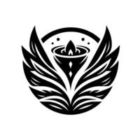 Elegant Black and White Lotus with a Lit Flame in a Symbolic Bowl Surrounded by Abstract Leaves and a Circular Frame. vector