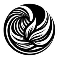 A stylized black and white floral in a circular composition, with spiraling lines and leaflike elements, creating a dynamic, symmetrical pattern. vector
